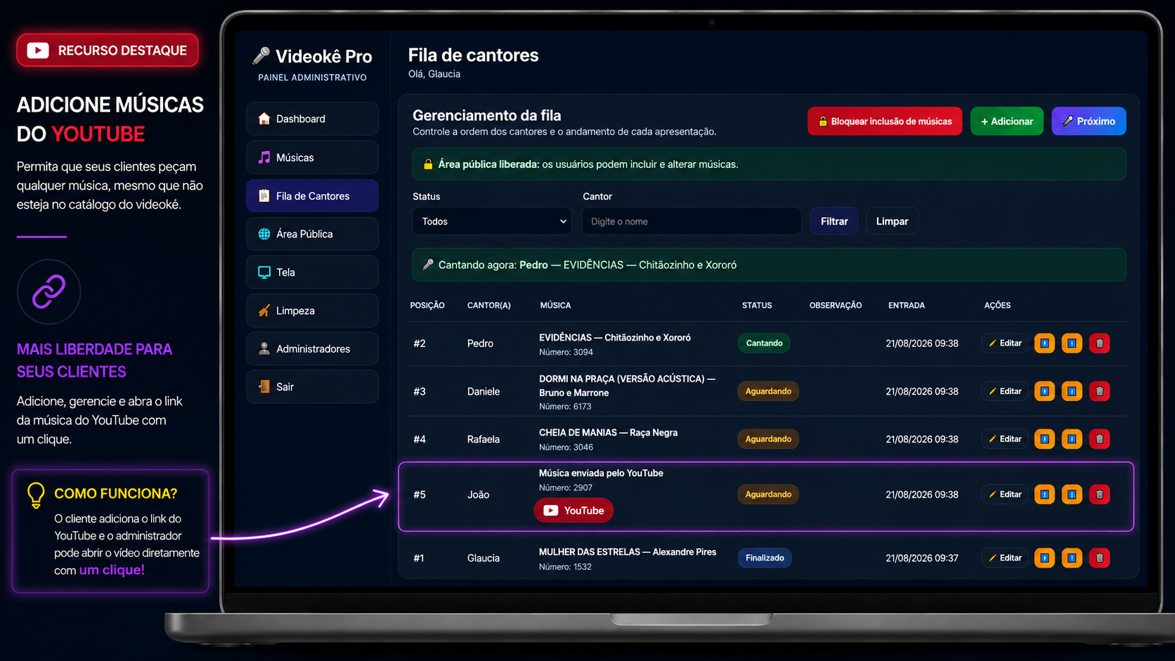 Painel administrativo do videokê com música enviada pelo YouTube e botão para abrir o vídeo